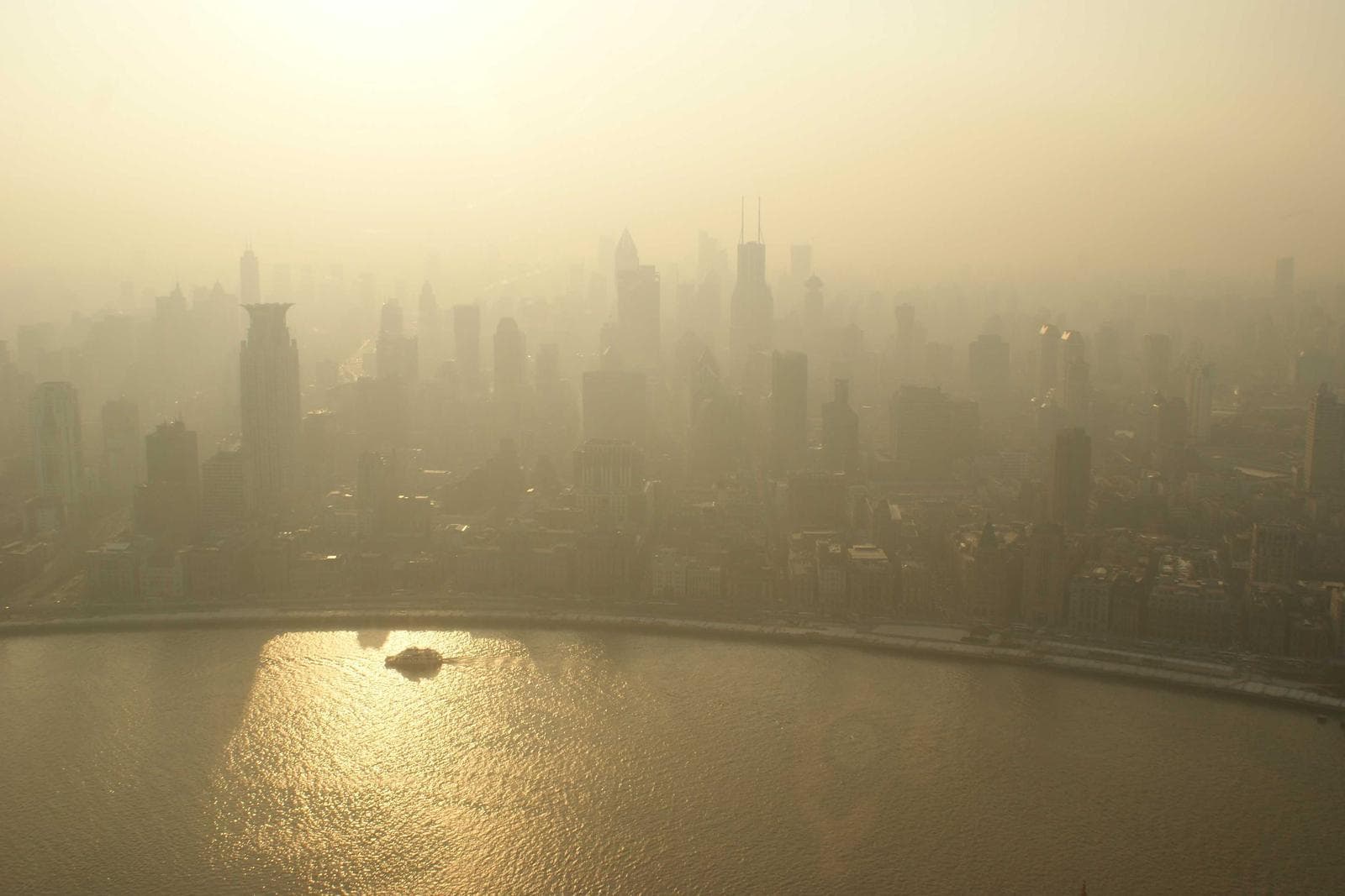 The city seen hazily across the water